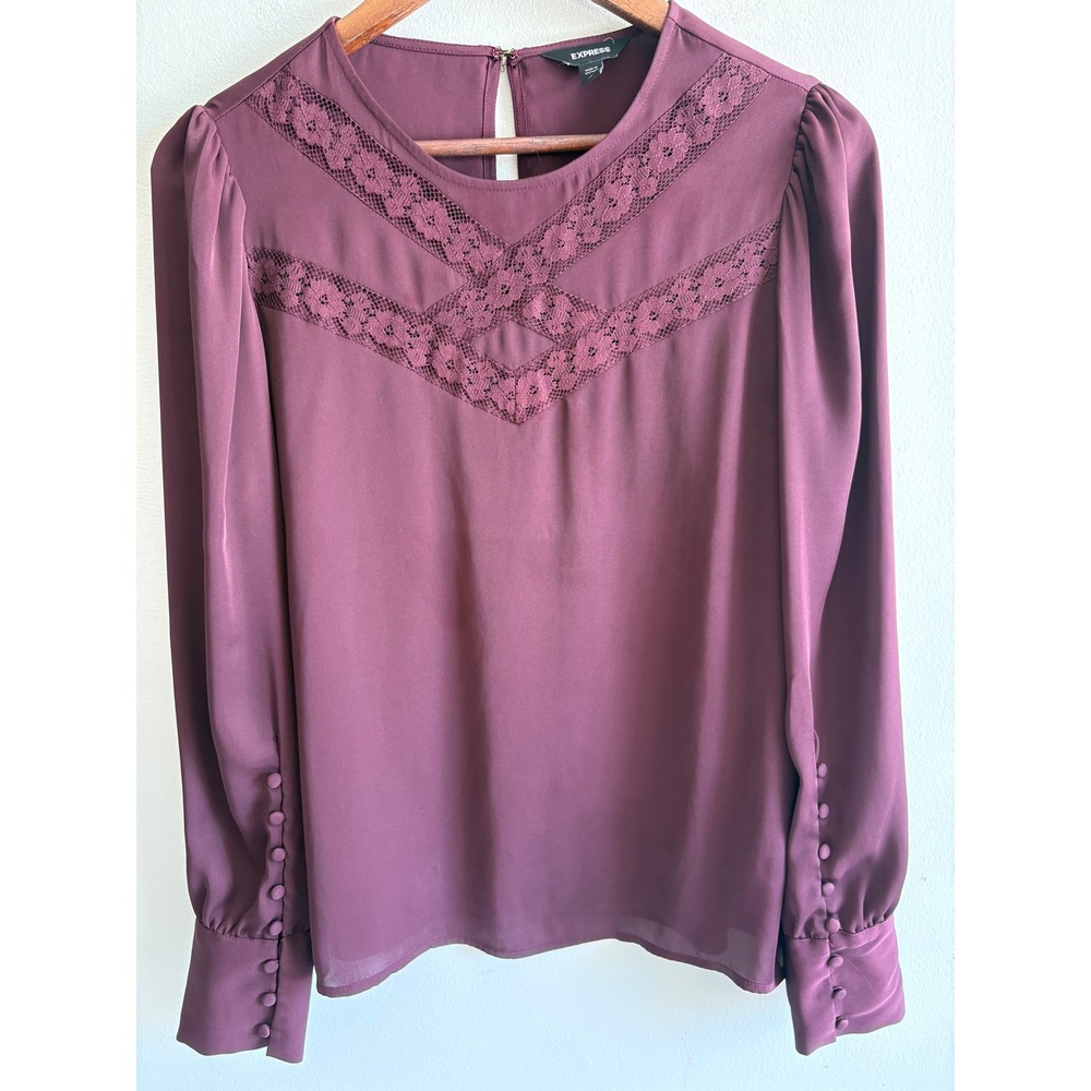 Express Dusty Rose Mauve Lace Trim Blouse Long Sleeve Romantic Top Size S